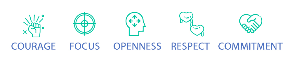 Courage, Focus, Openness, Respect, Commitment